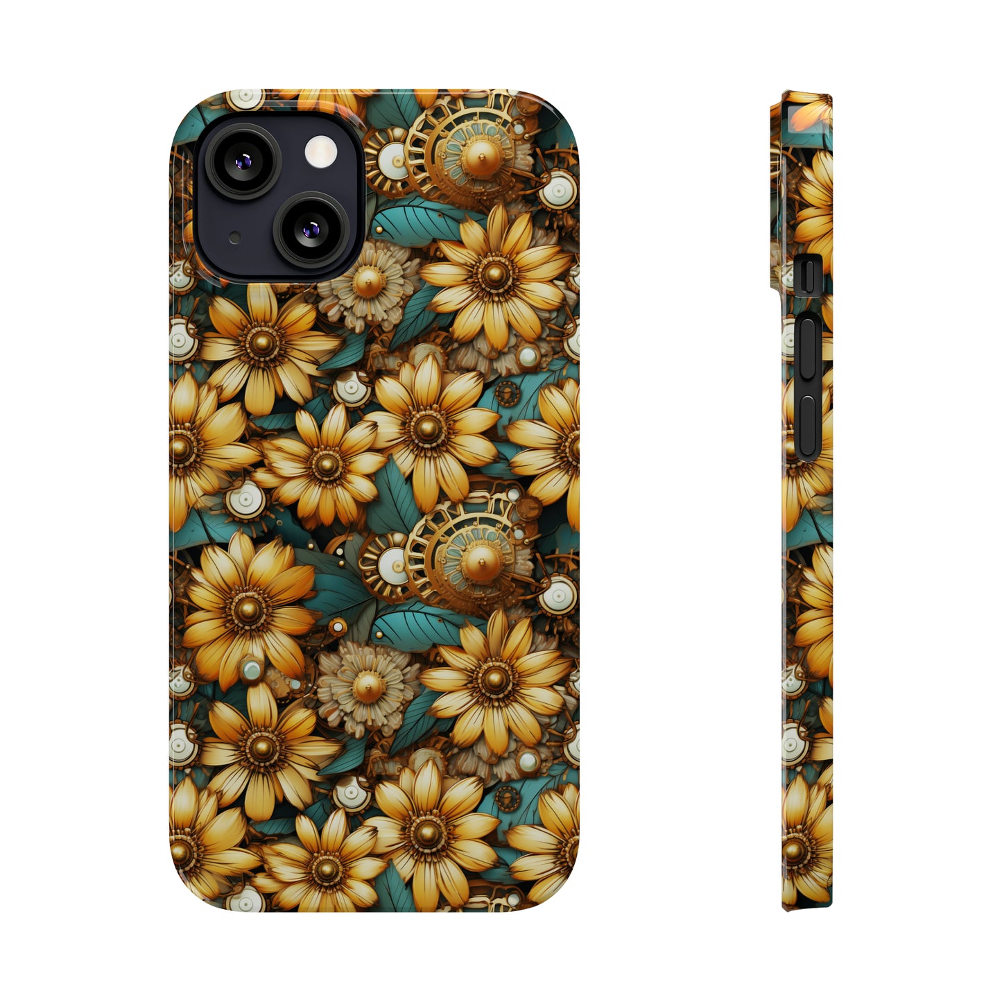 Victorian Steampunk Gold Flowers Teal Background with Gears and Mechanical Elements Iphone 15-12 Slim Phone Case