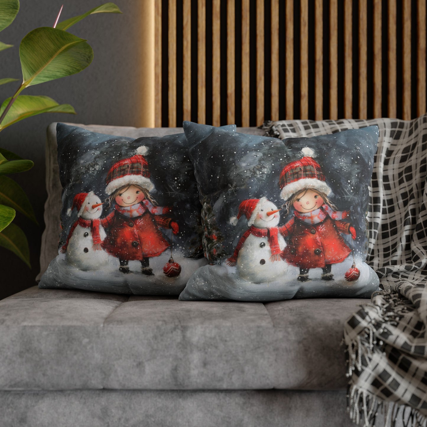 Frosty Friends: Little Girl Standing with Snowman on a Snowy Night Spun Polyester Square Pillowcase 4 Sizes