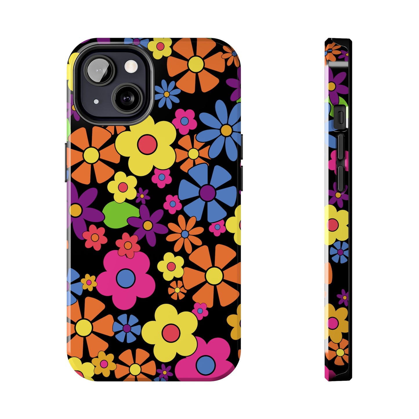 Flower Power Design on Black Background Iphone Tough Phone Case