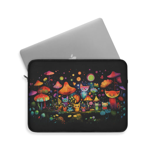 Mystical Cats Amidst a Garden of Flowers and Mushrooms, Beneath a Starry Sky - Laptop or Ipad Protective Sleeve 3 Sizes