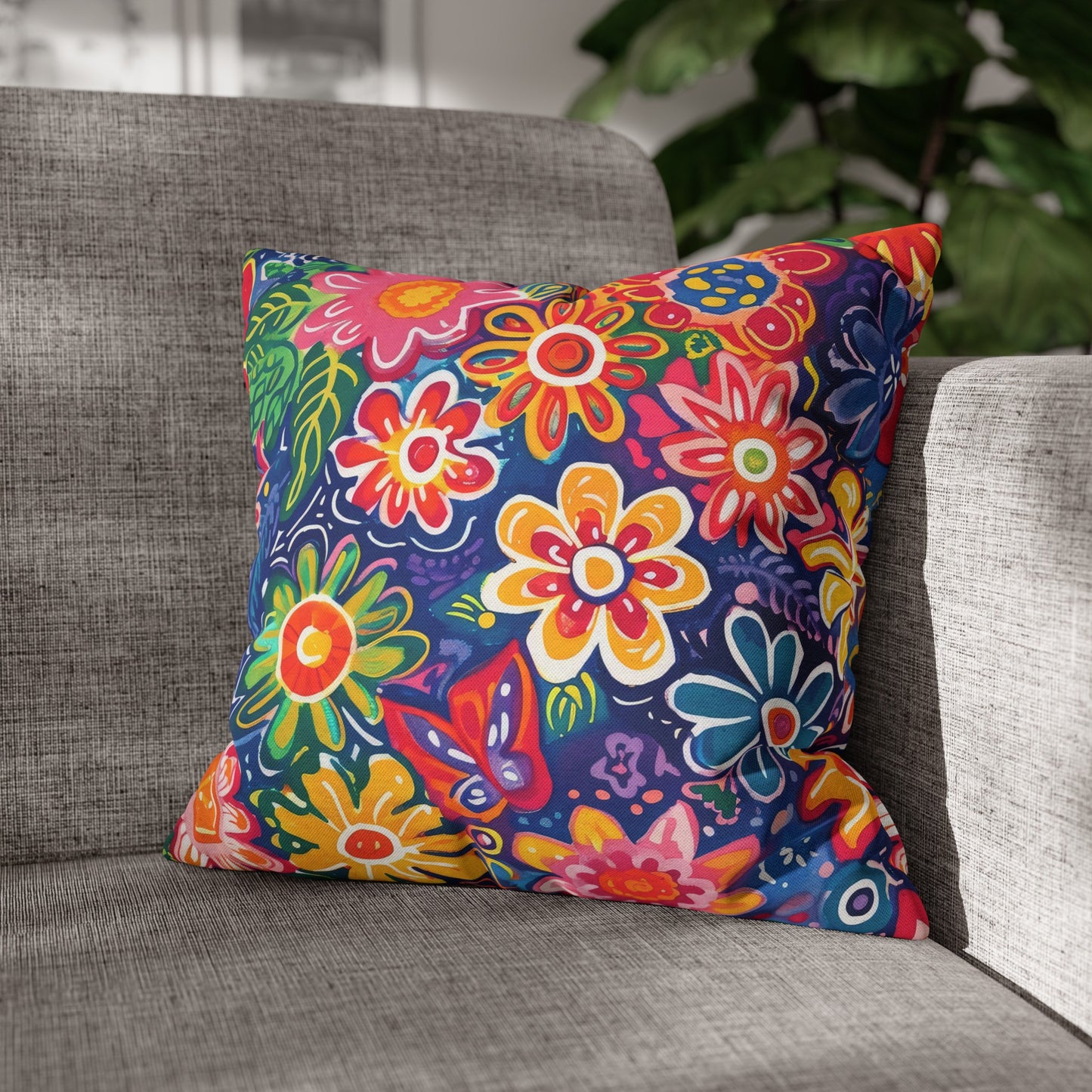 Fluttering Kaleidoscope: Vibrant Multicolor Flowers and Butterflies in Flight Spun Polyester Square Pillowcase 4 Sizes