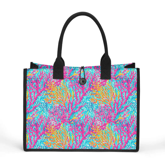 Coral Symphony: Bright Pink, Yellow, and Coral Dancing in the Blue Ocean Structured Button Closure Canvas Tote Bag in 2 Sizes