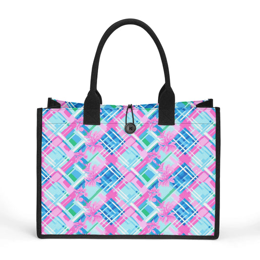 Whispering Pastel Plaid: Abstract Pattern in Pink, Green, and Blue Structured Button Closure Canvas Tote Bag in 2 Sizes