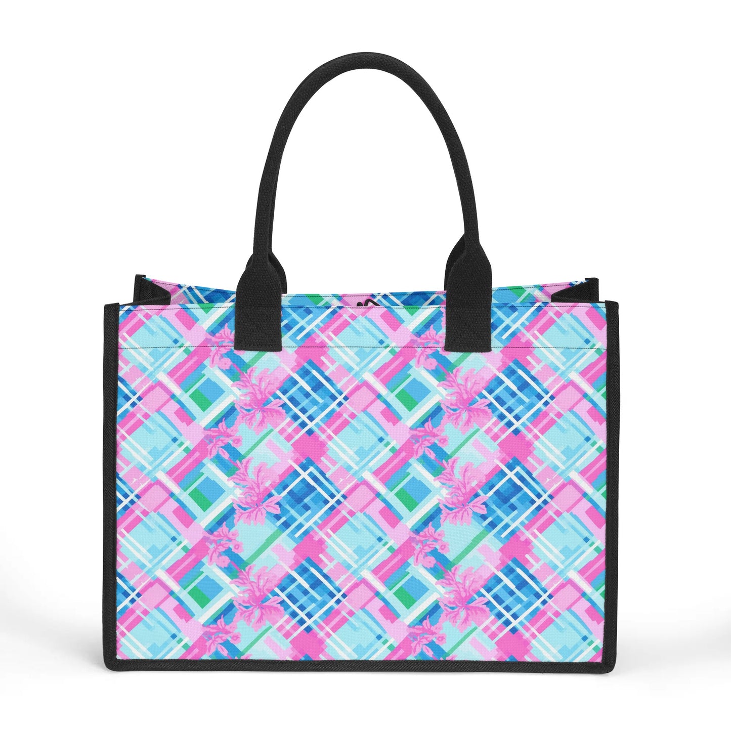 Whispering Pastel Plaid: Abstract Pattern in Pink, Green, and Blue Structured Button Closure Canvas Tote Bag in 2 Sizes