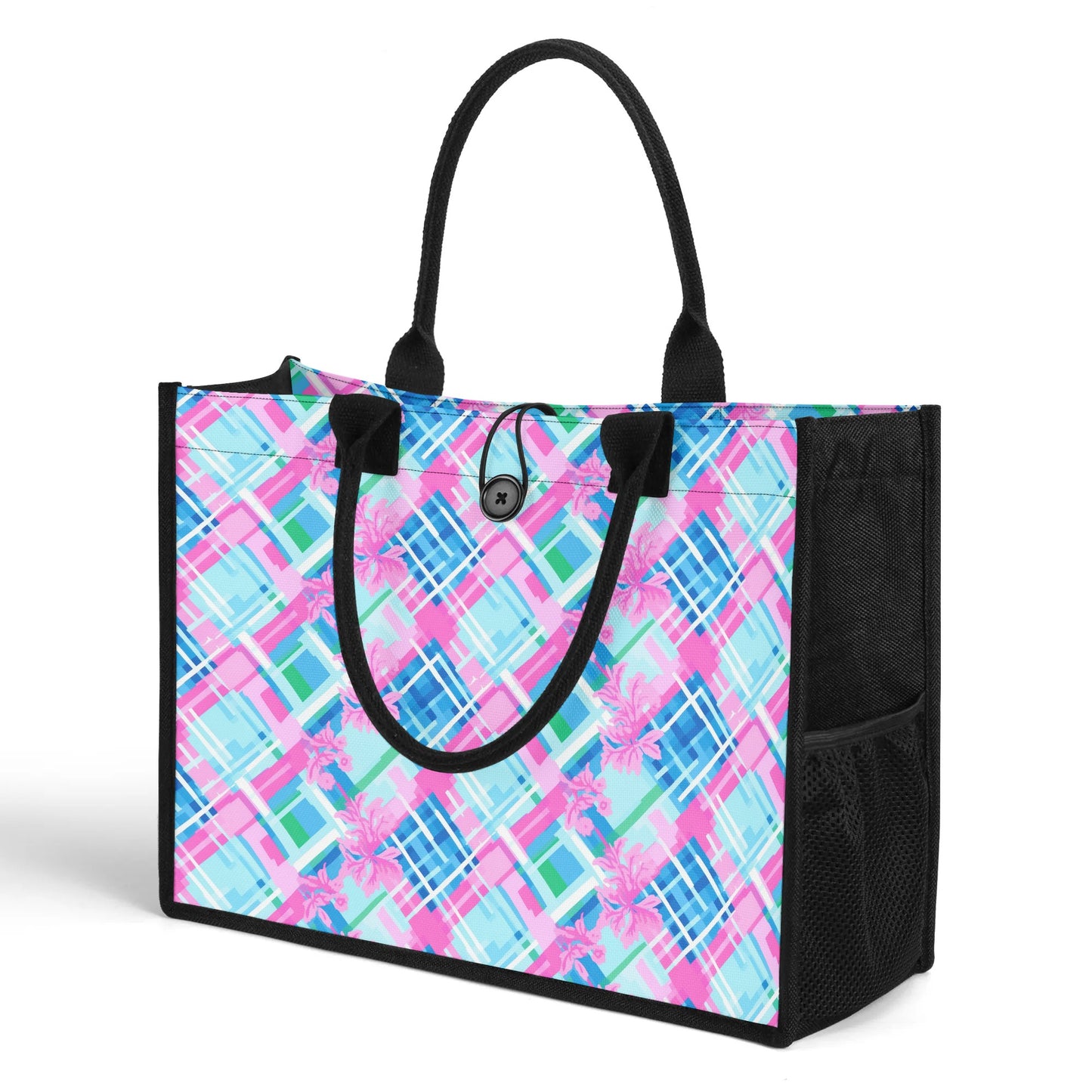 Whispering Pastel Plaid: Abstract Pattern in Pink, Green, and Blue Structured Button Closure Canvas Tote Bag in 2 Sizes