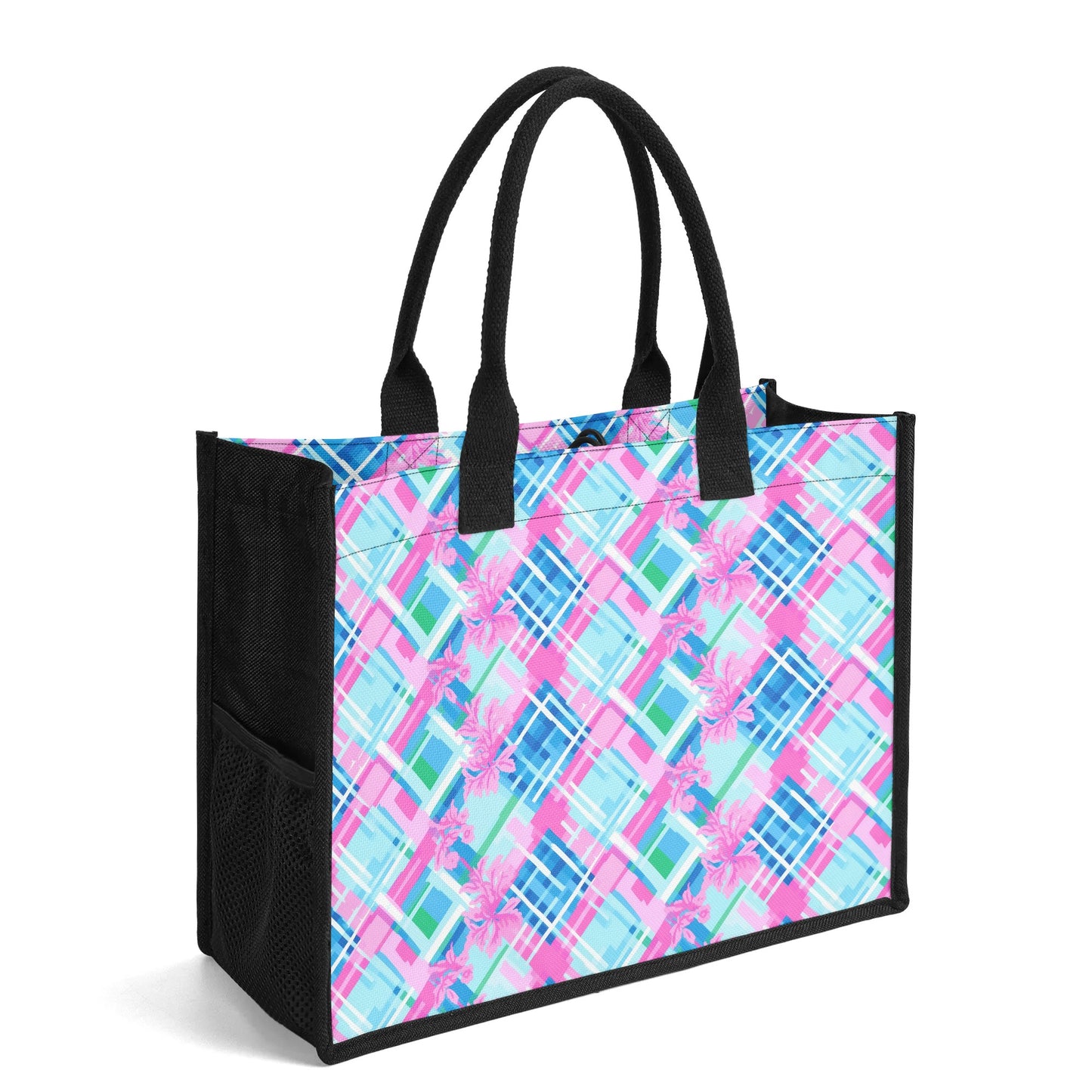 Whispering Pastel Plaid: Abstract Pattern in Pink, Green, and Blue Structured Button Closure Canvas Tote Bag in 2 Sizes