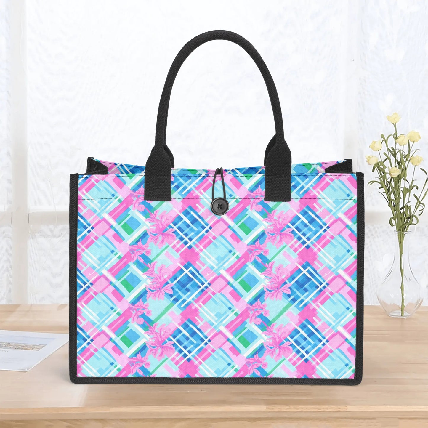 Whispering Pastel Plaid: Abstract Pattern in Pink, Green, and Blue Structured Button Closure Canvas Tote Bag in 2 Sizes