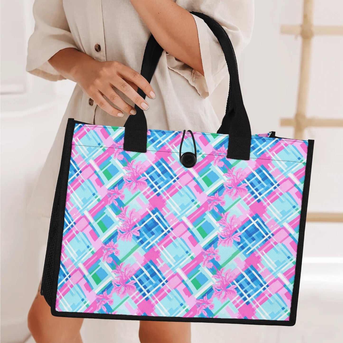 Whispering Pastel Plaid: Abstract Pattern in Pink, Green, and Blue Structured Button Closure Canvas Tote Bag in 2 Sizes