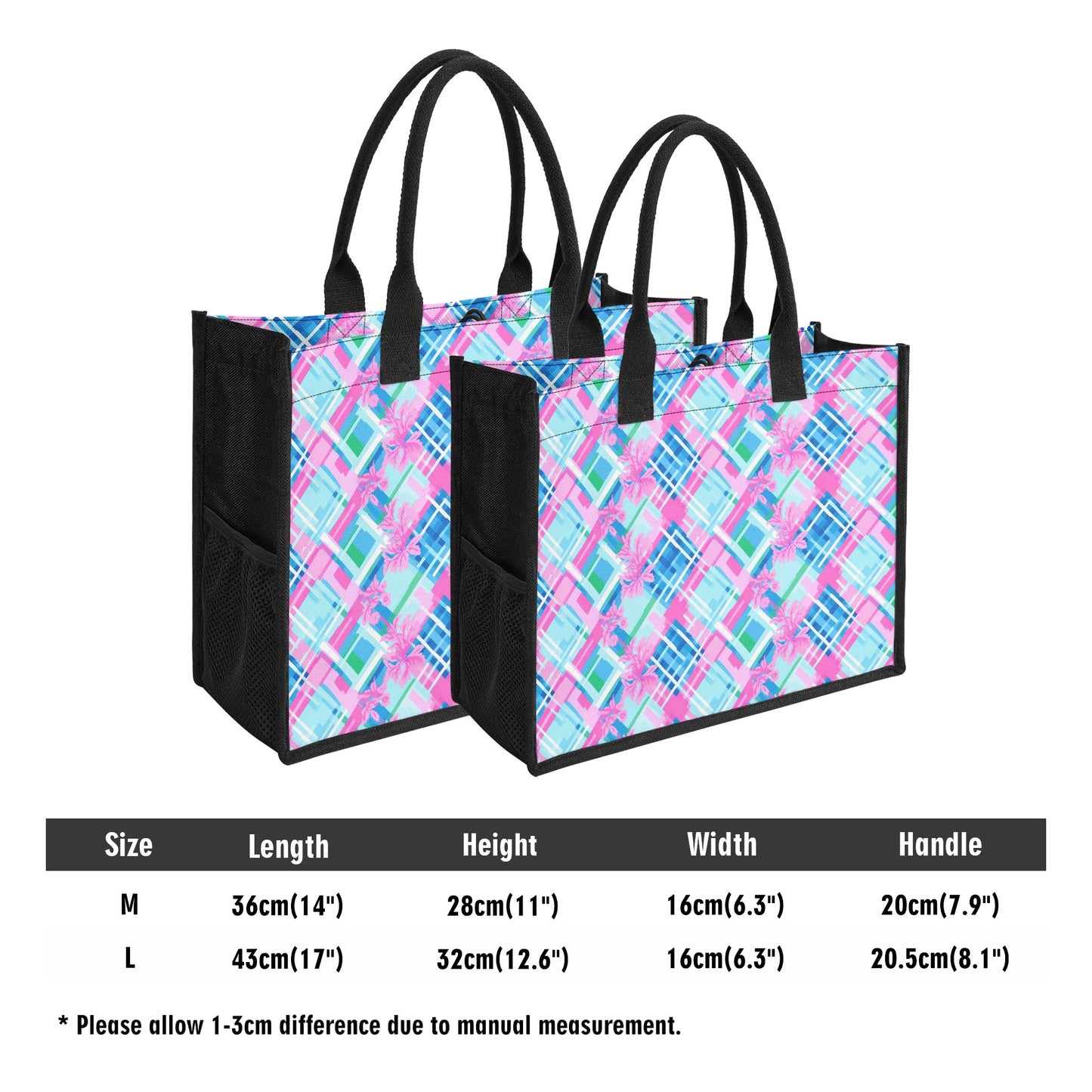 Whispering Pastel Plaid: Abstract Pattern in Pink, Green, and Blue Structured Button Closure Canvas Tote Bag in 2 Sizes