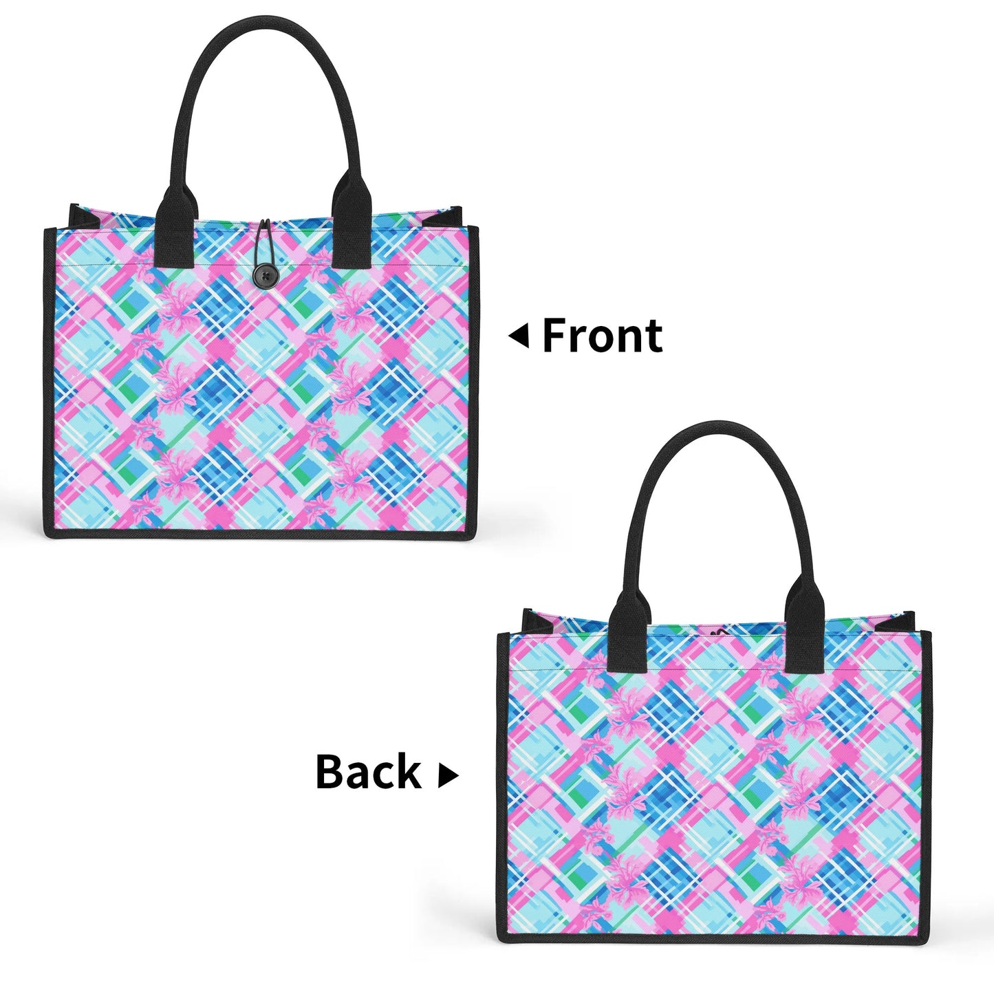 Whispering Pastel Plaid: Abstract Pattern in Pink, Green, and Blue Structured Button Closure Canvas Tote Bag in 2 Sizes