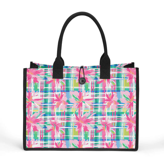 Vibrant Plaid Bloom: Watercolor Abstract Flowers on Bright Plaid Structured Button Closure Canvas Tote Bag in 2 Sizes