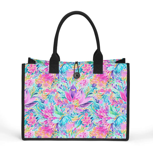 Tropical Prism: Rainbow Watercolor Flowers in Full Bloom Structured Button Closure Canvas Tote Bag in 2 Sizes