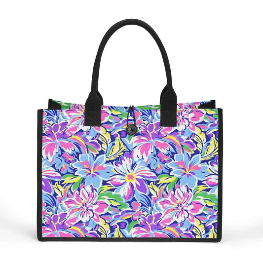 Tropical Burst: Vibrant Summer Flowers in Full Bloom Structured Button Closure Canvas Tote Bag in 2 Sizes