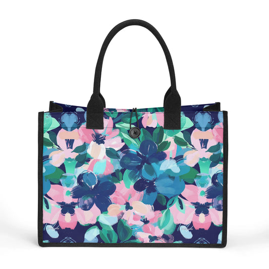 Tranquil Blooms: Muted Blue, Pink, and Green Watercolor Flowers Structured Button Closure Canvas Tote Bag in 2 Sizes