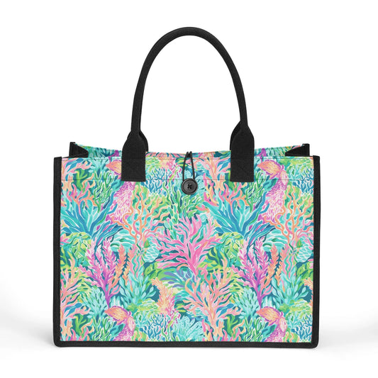 Submerged Spectrum: Vibrant Watercolor Depiction of Underwater Coral Structured Button Closure Canvas Tote Bag in 2 Sizes