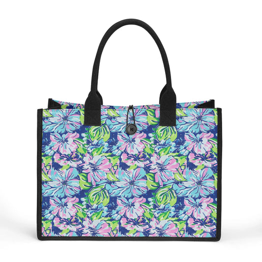 Seaside Coastal Pink, Navy, and Green Tropical Blooms Structured Button Closure Canvas Tote Bag in 2 Sizes