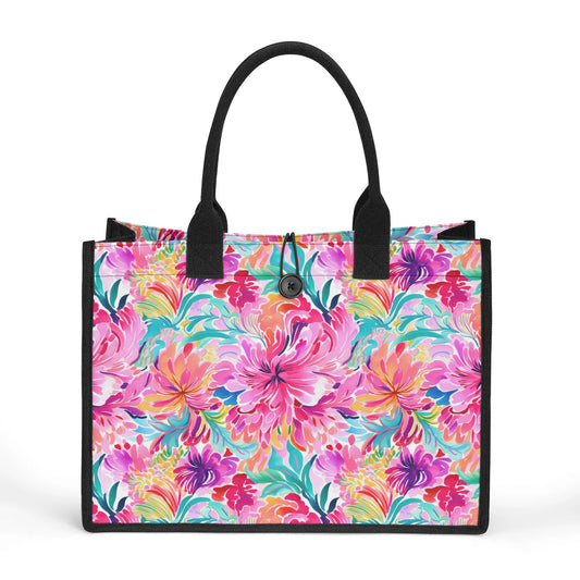 Rainbow Tropics: Watercolor Flowers in Vibrant Pink, Green and Orange Hues Structured Button Closure Canvas Tote Bag in 2 Sizes