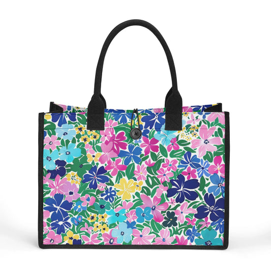 Rainbow Blooms: Vibrant Multi-color Watercolor Flowers in Full Bloom Structured Button Closure Canvas Tote Bag in 2 Sizes