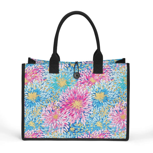 Pastel Harmony: Watercolor Chrysanthemums in Pink, Blue, and Yellow Structured Button Closure Canvas Tote Bag in 2 Sizes