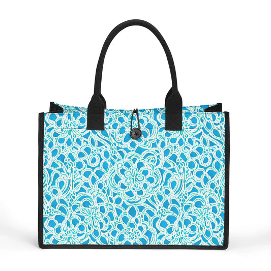 Luminous Swirls: Abstract Watercolor Floral Patterns in Lime Green and Blue Structured Button Closure Canvas Tote Bag in 2 Sizes