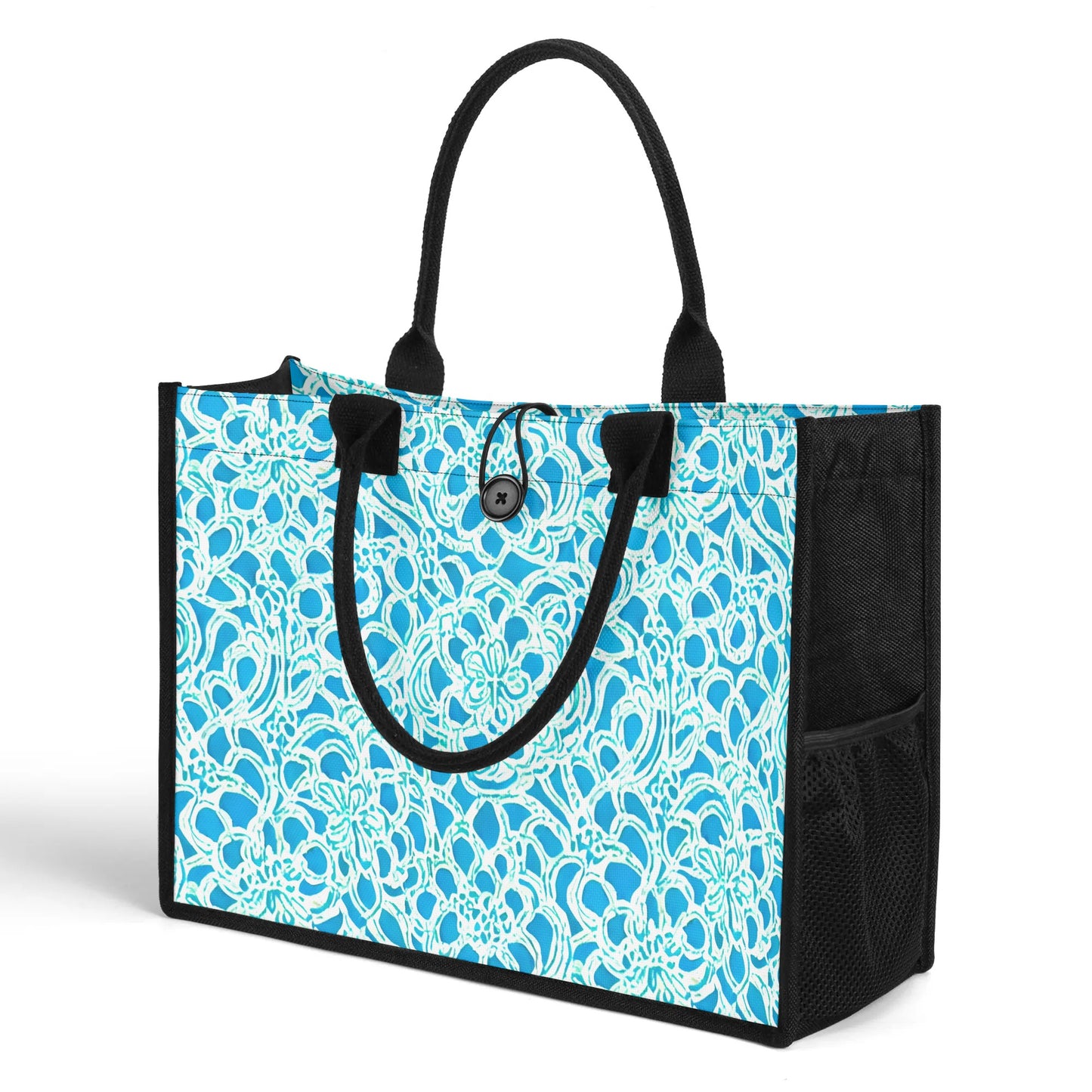 Luminous Swirls: Abstract Watercolor Floral Patterns in Lime Green and Blue Structured Button Closure Canvas Tote Bag in 2 Sizes