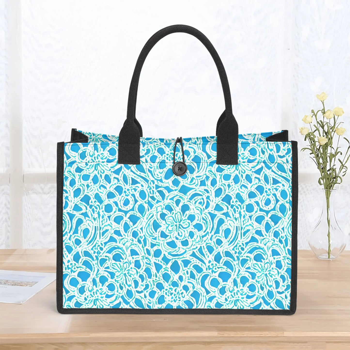 Luminous Swirls: Abstract Watercolor Floral Patterns in Lime Green and Blue Structured Button Closure Canvas Tote Bag in 2 Sizes