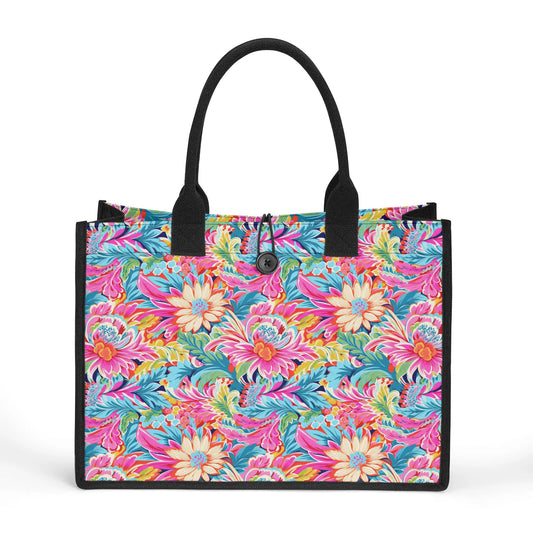 Coastal Summer Blooms: Bright Floral Watercolors in Coastal Hues Structured Button Closure Canvas Tote Bag in 2 Sizes