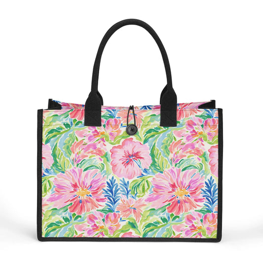 Pastel Oasis: Watercolor Hibiscus Flowers and Palms in Soft Hues Structured Button Closure Canvas Tote Bag in 2 Sizes