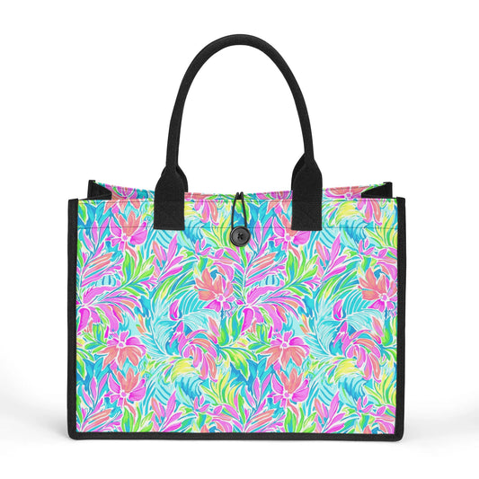 Neon Tropics: Vibrant Rainbow Flowers and Palm Leaves in Electric Splendor Structured Button Closure Canvas Tote Bag in 2 Sizes