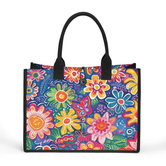 Fluttering Kaleidoscope: Vibrant Multicolor Flowers and Butterflies in Flight Structured Button Closure Canvas Tote Bag in 2 Sizes