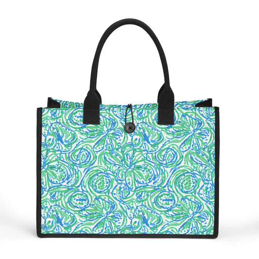 Emerald Tide: Swirling Green and Blue Flowers Structured Button Closure Canvas Tote Bag in 2 Sizes