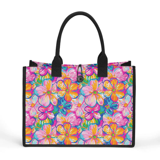 Chromatic Blossoms: Large Watercolor Flowers in Mixed Pinks, Blues, and Oranges Structured Button Closure Canvas Tote Bag in 2 Sizes