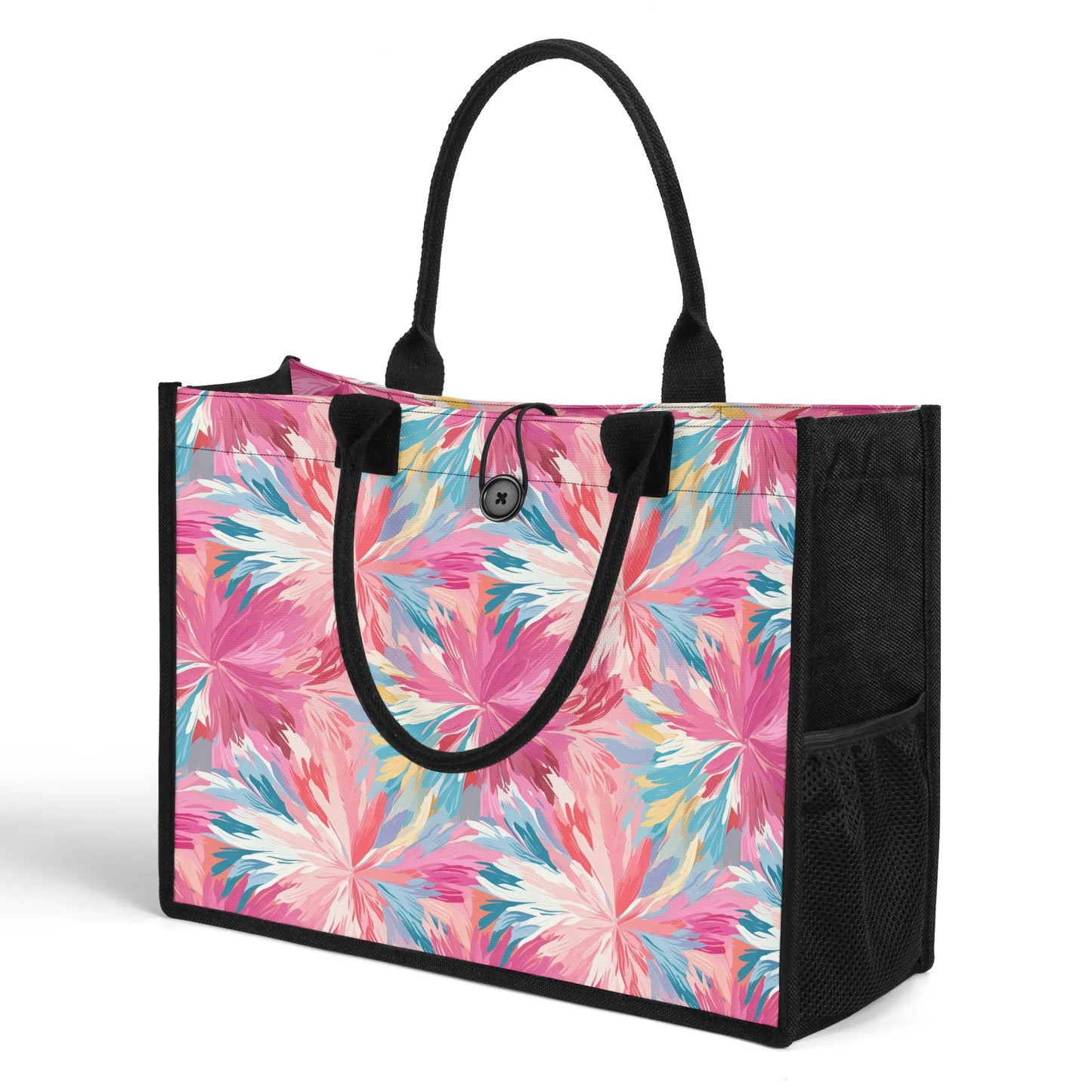 Pastel Whispers: Muted Watercolor Flowers in Pinks, Yellows, and Blues Structured Button Closure Canvas Tote Bag in 2 Sizes