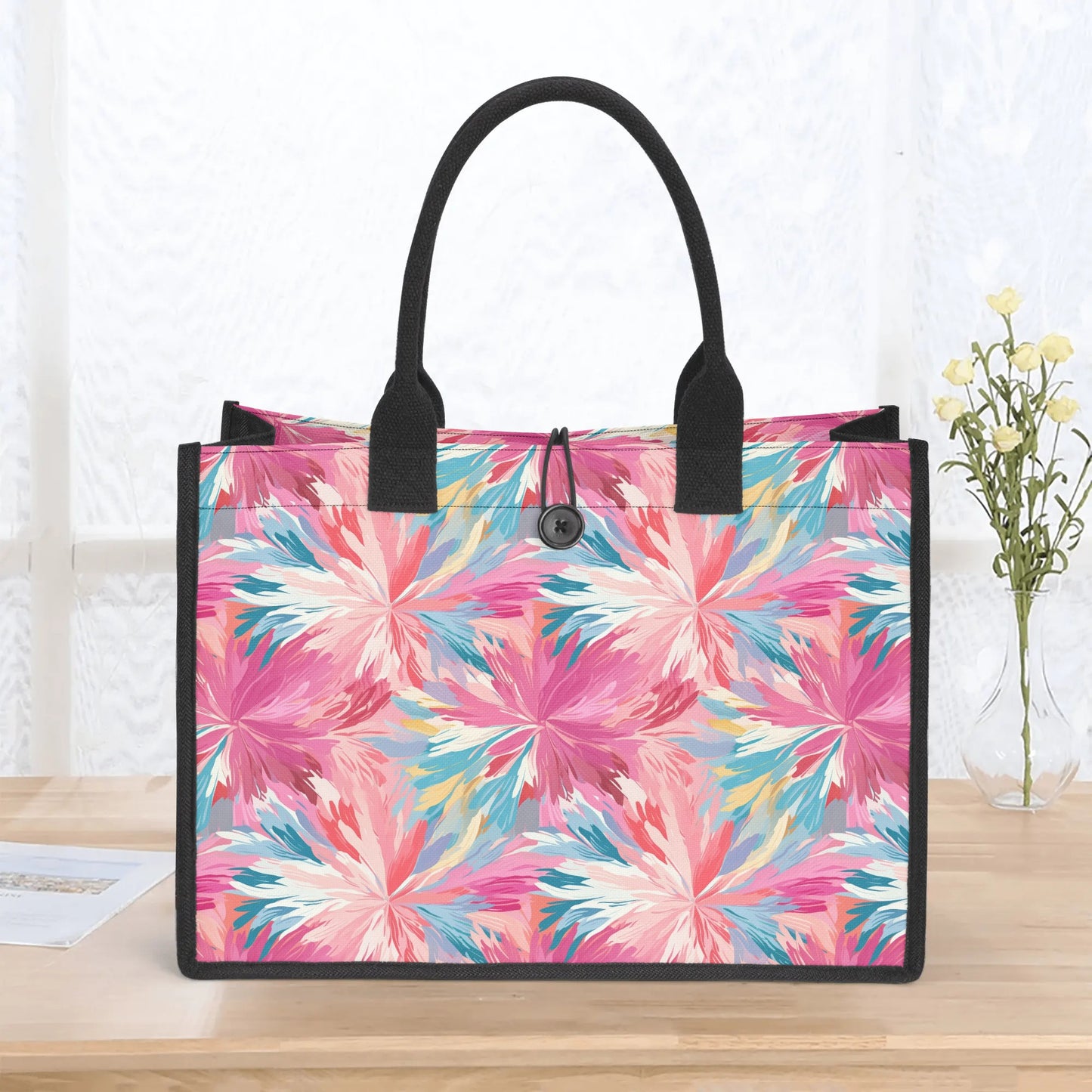 Pastel Whispers: Muted Watercolor Flowers in Pinks, Yellows, and Blues Structured Button Closure Canvas Tote Bag in 2 Sizes