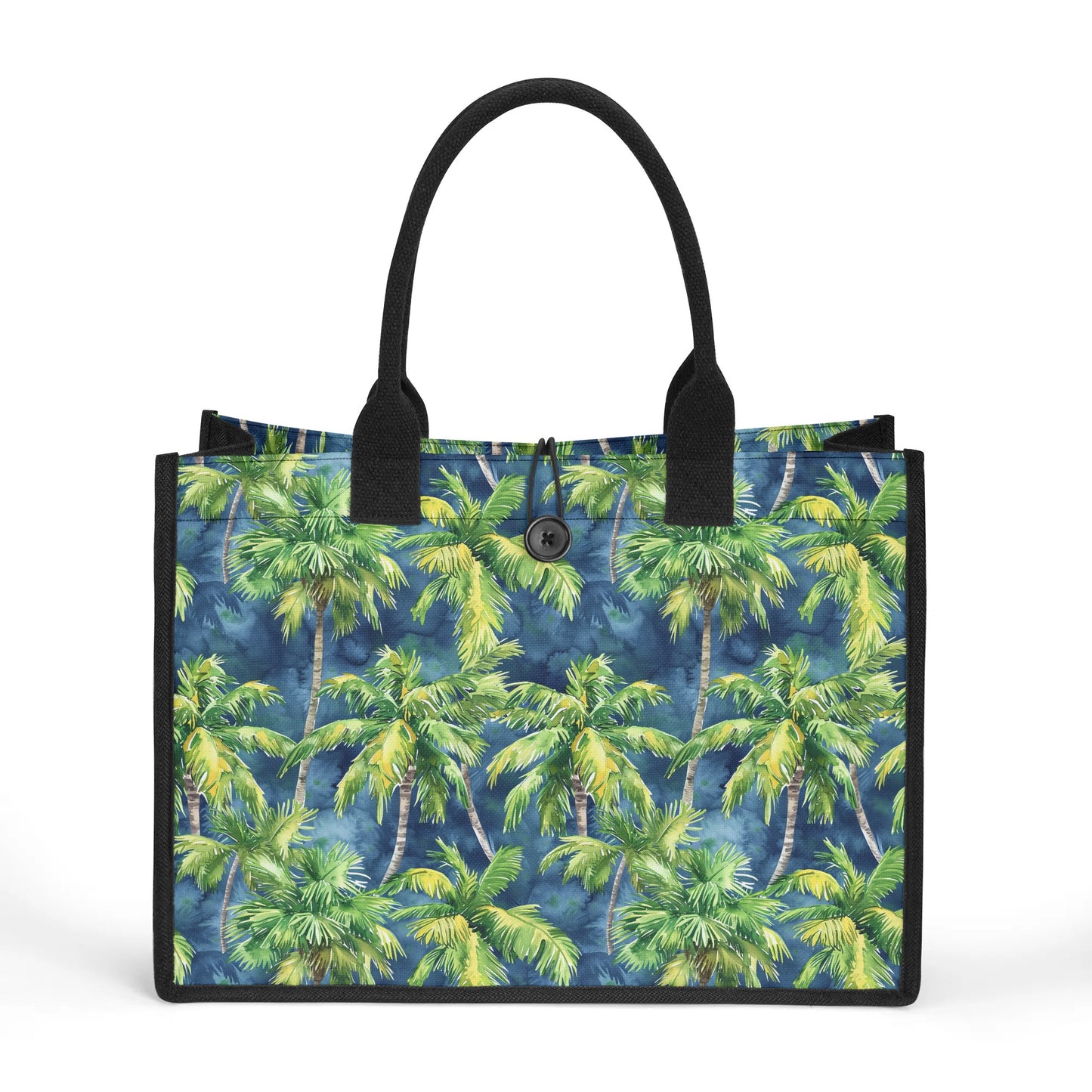 Midnight Palms: Silhouetted Palm Trees Against a Nighttime Sky Structured Button Closure Canvas Tote Bag in 2 Sizes