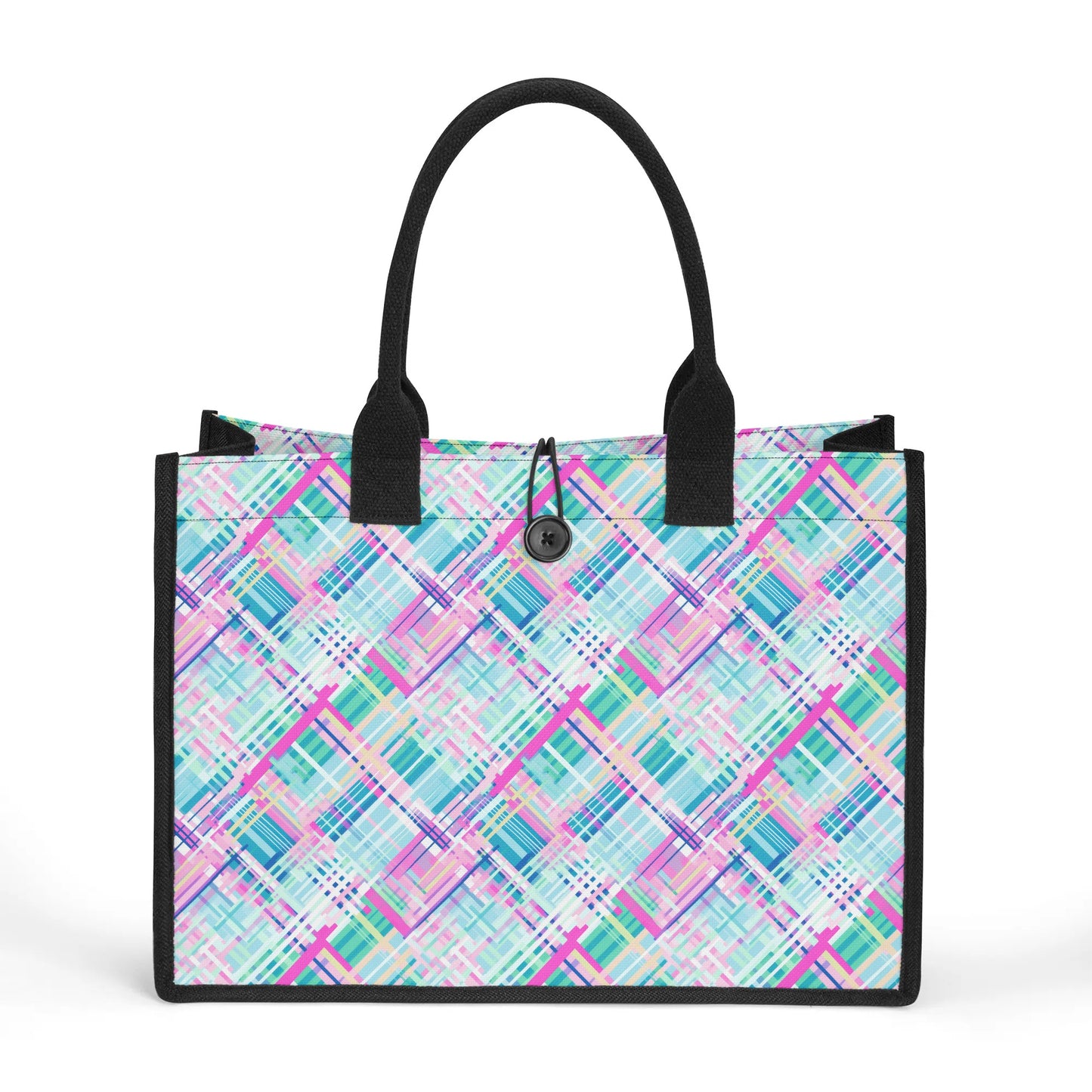 Whimsical Plaid Spectrum: Bright Pinks, Blues, and Greens in Abstract Structured Button Closure Canvas Tote Bag in 2 Sizes