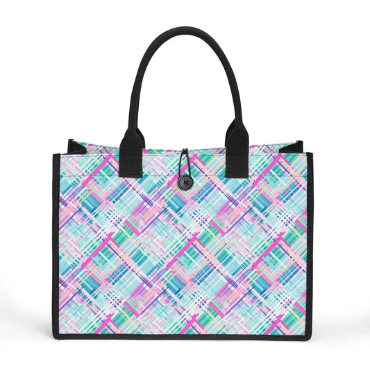 Whimsical Plaid Spectrum: Bright Pinks, Blues, and Greens in Abstract Structured Button Closure Canvas Tote Bag in 2 Sizes