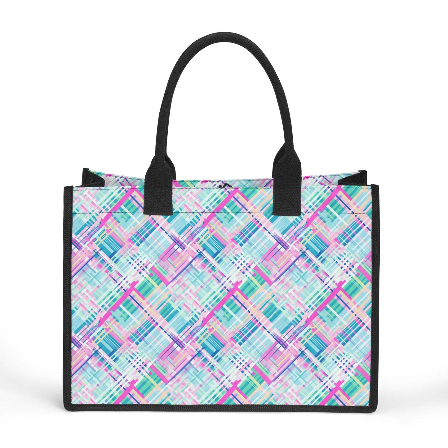 Whimsical Plaid Spectrum: Bright Pinks, Blues, and Greens in Abstract Structured Button Closure Canvas Tote Bag in 2 Sizes