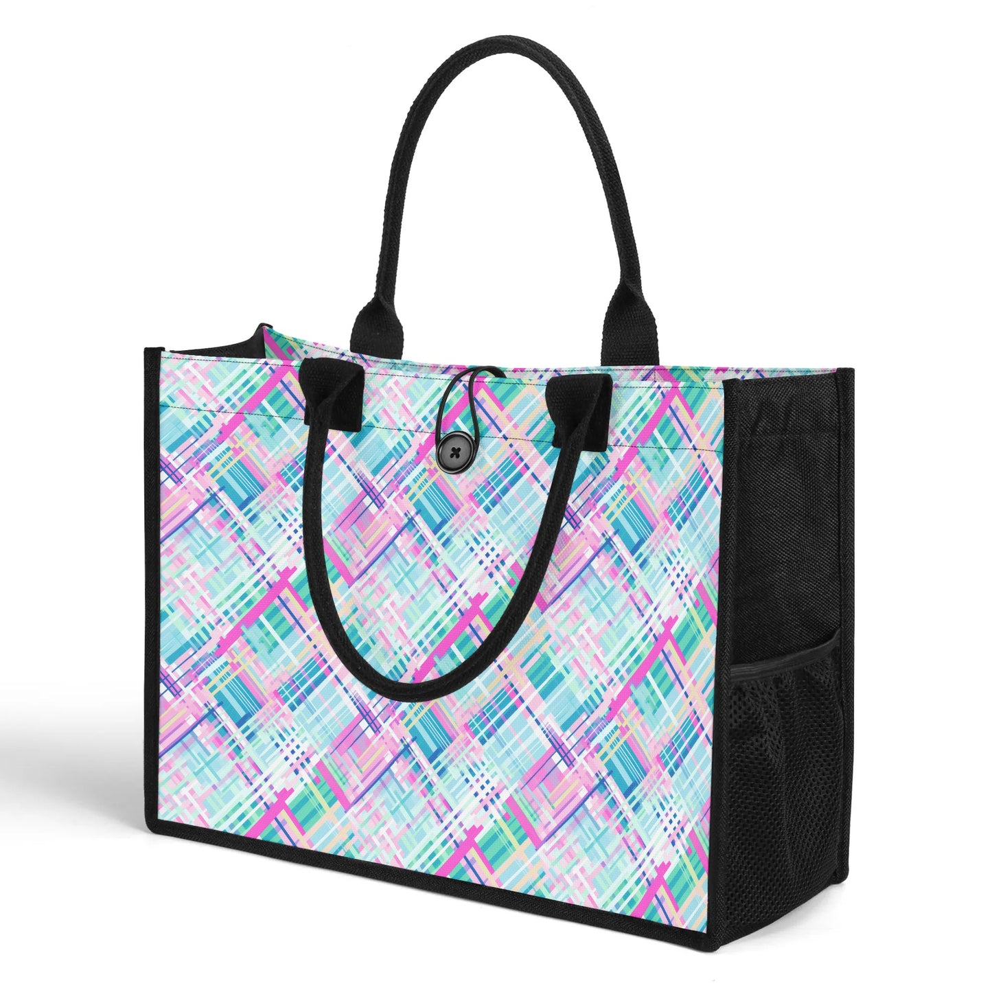 Whimsical Plaid Spectrum: Bright Pinks, Blues, and Greens in Abstract Structured Button Closure Canvas Tote Bag in 2 Sizes