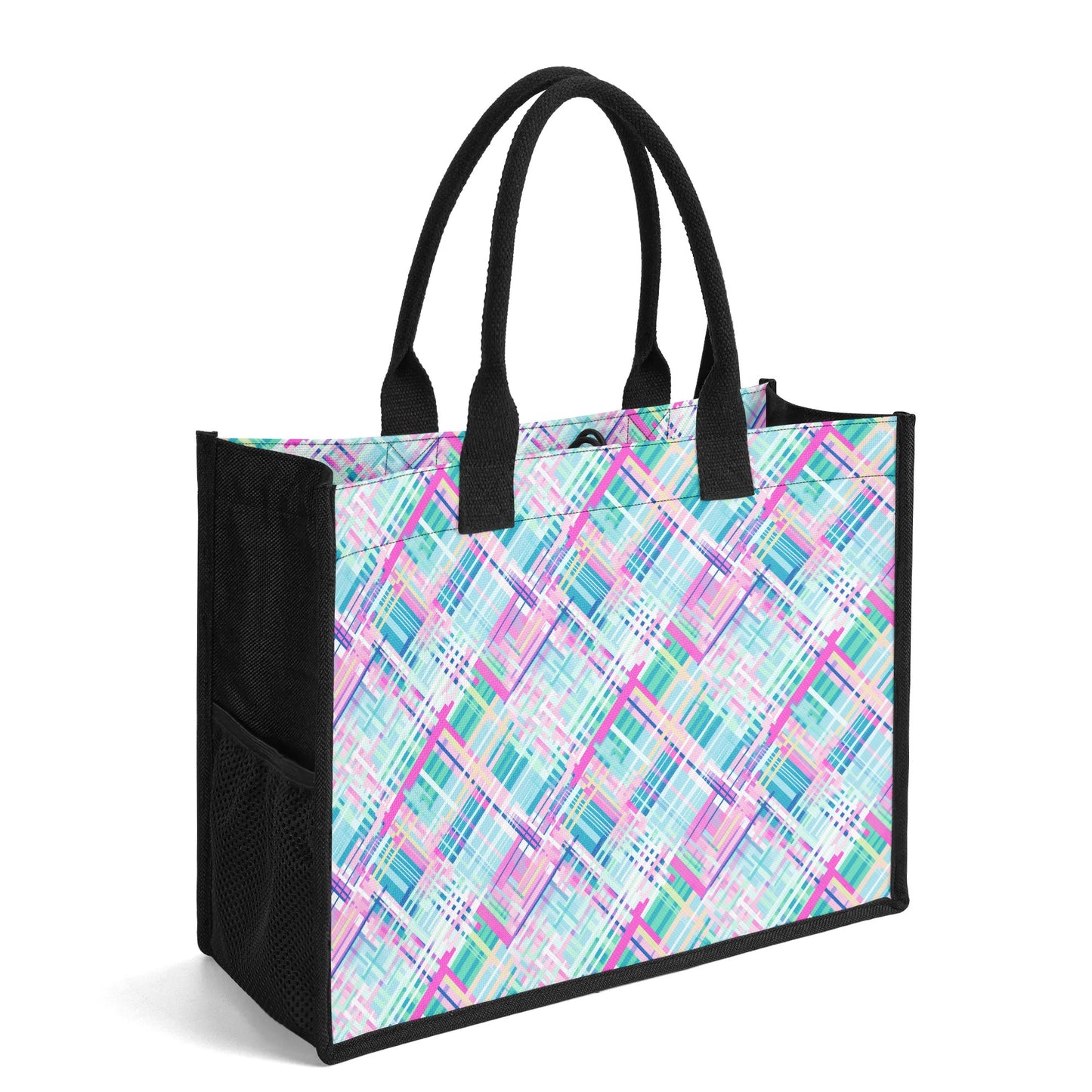 Whimsical Plaid Spectrum: Bright Pinks, Blues, and Greens in Abstract Structured Button Closure Canvas Tote Bag in 2 Sizes