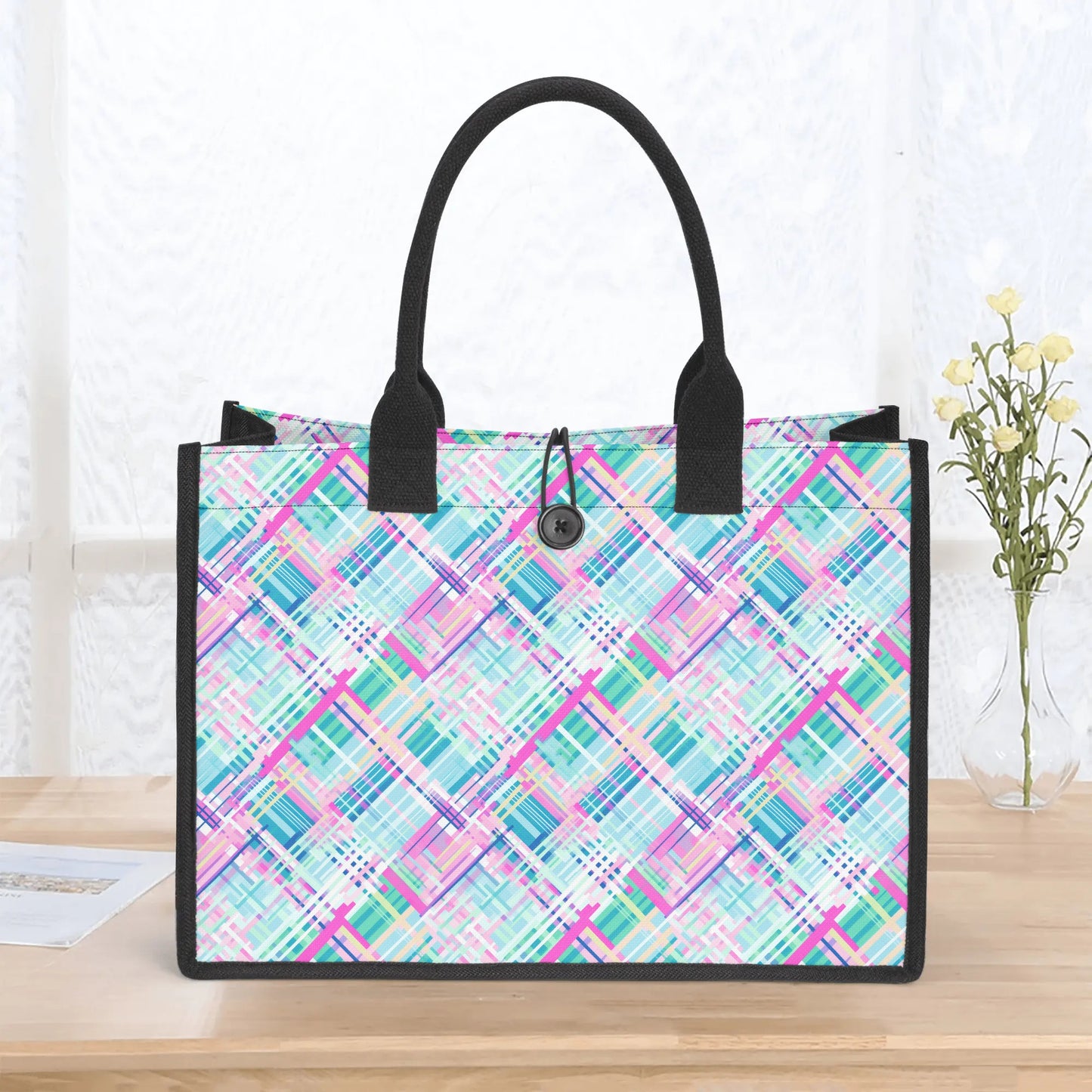 Whimsical Plaid Spectrum: Bright Pinks, Blues, and Greens in Abstract Structured Button Closure Canvas Tote Bag in 2 Sizes