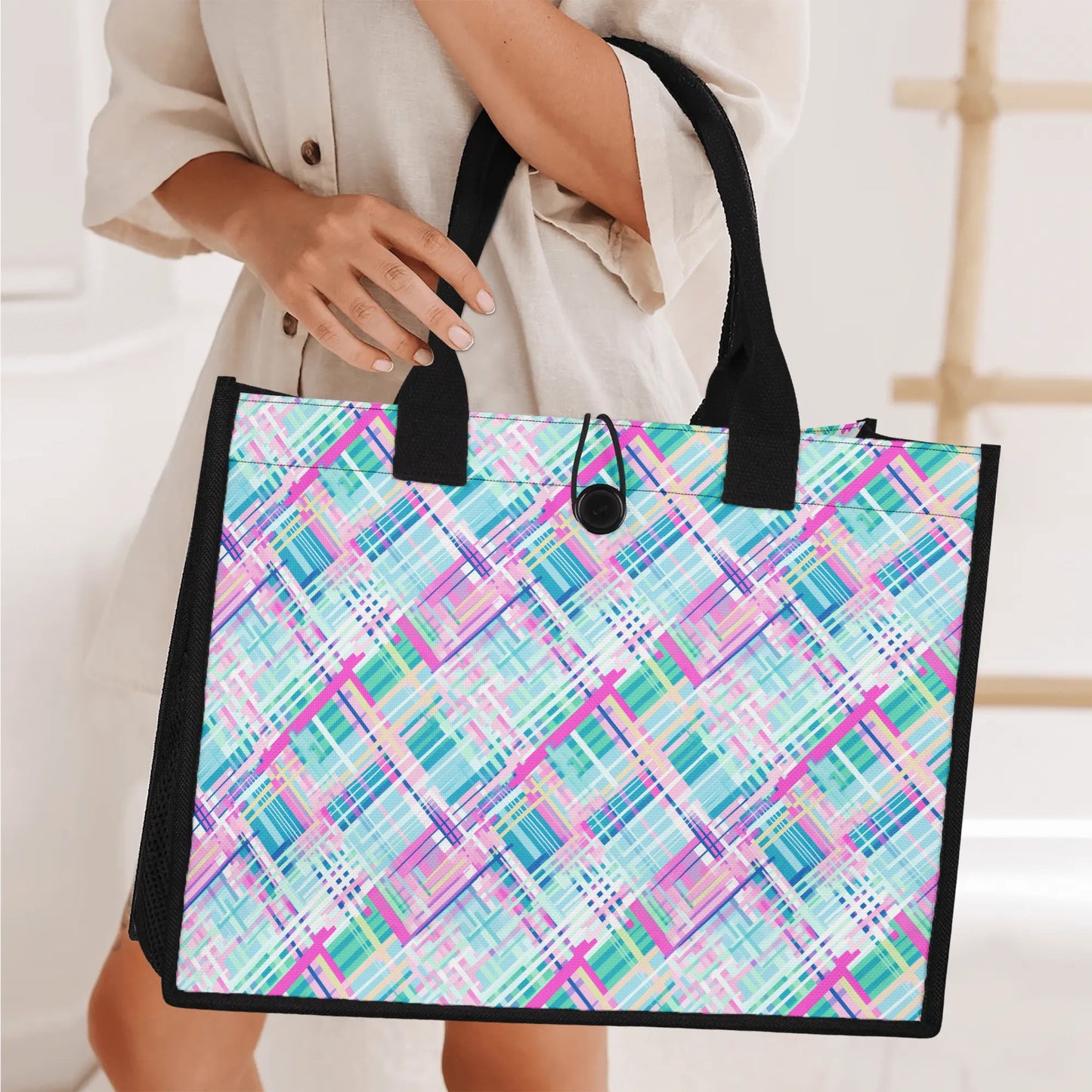 Whimsical Plaid Spectrum: Bright Pinks, Blues, and Greens in Abstract Structured Button Closure Canvas Tote Bag in 2 Sizes