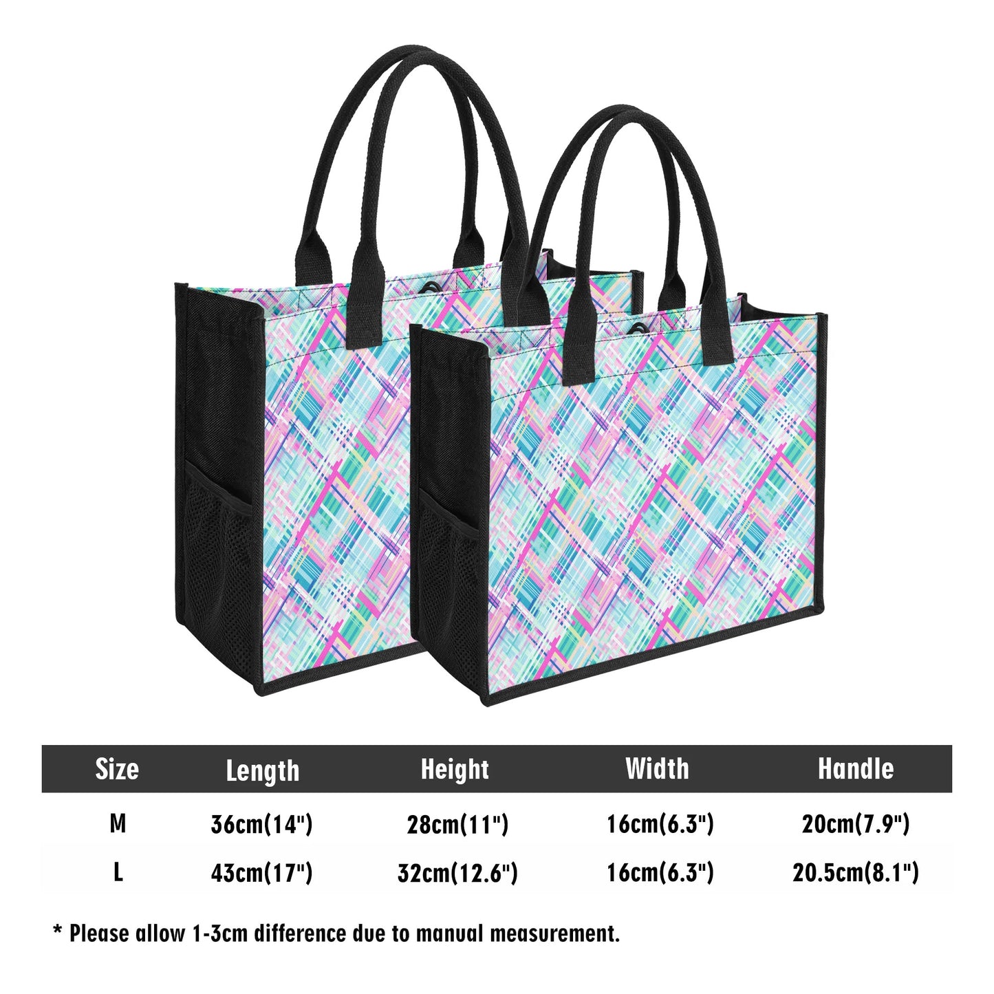 Whimsical Plaid Spectrum: Bright Pinks, Blues, and Greens in Abstract Structured Button Closure Canvas Tote Bag in 2 Sizes