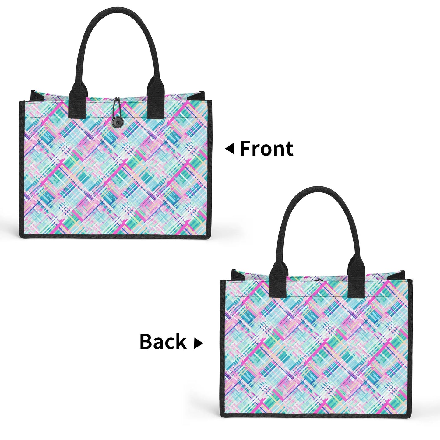 Whimsical Plaid Spectrum: Bright Pinks, Blues, and Greens in Abstract Structured Button Closure Canvas Tote Bag in 2 Sizes