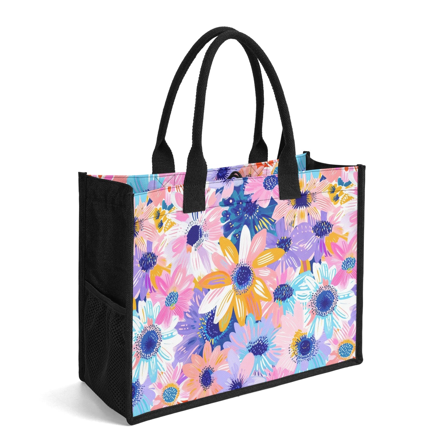 Watercolor Wonderland: Large Colorful Daisies Blooming with Radiance Structured Button Closure Canvas Tote Bag in 2 Sizes