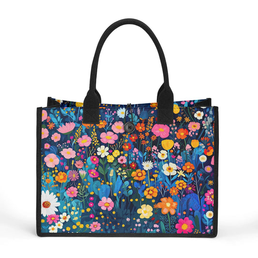 Midnight Bloom: Mystical Nighttime Field Abounding with Colorful Flowers Structured Button Closure Canvas Tote Bag in 2 Sizes