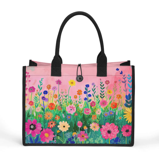 Blossoms in Bloom: Spring Wildflowers Against a Pink Background Structured Button Closure Canvas Tote Bag in 2 Sizes