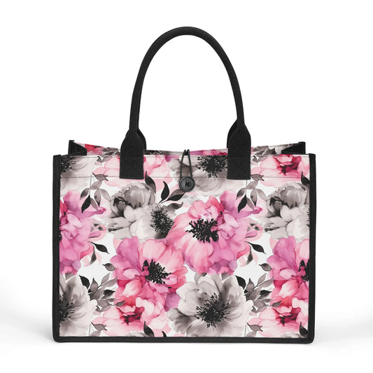 Graceful Elegance: Large Pink and Grey Watercolor Flower Structured Button Closure Canvas Tote Bag in 2 Sizes