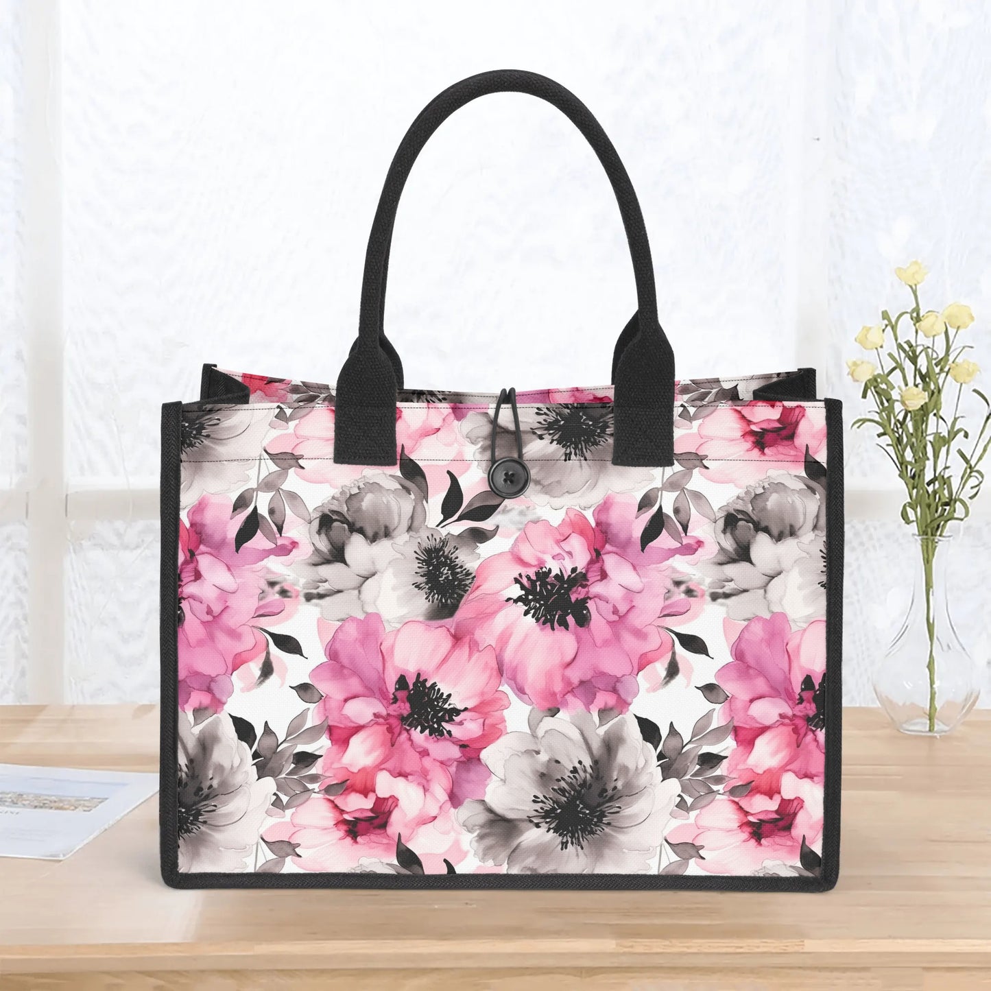 Graceful Elegance: Large Pink and Grey Watercolor Flower Structured Button Closure Canvas Tote Bag in 2 Sizes