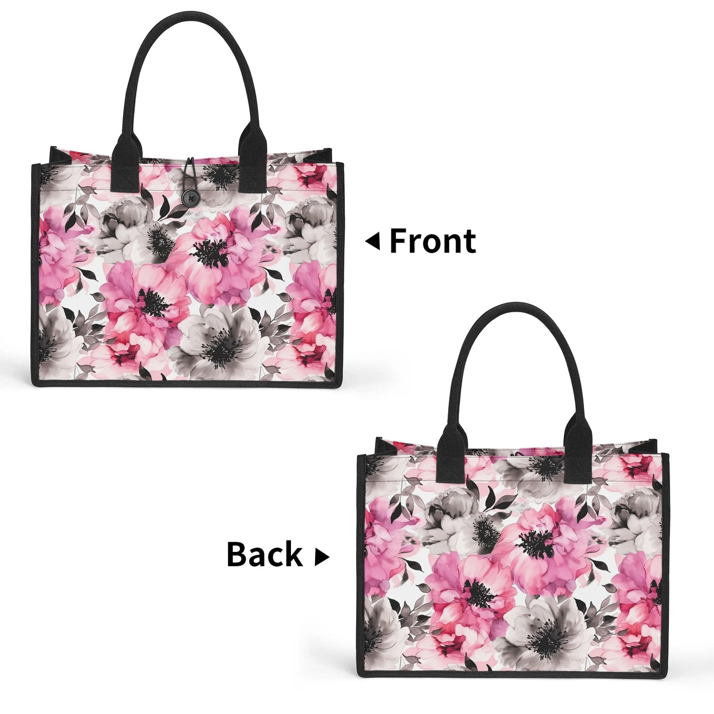 Graceful Elegance: Large Pink and Grey Watercolor Flower Structured Button Closure Canvas Tote Bag in 2 Sizes